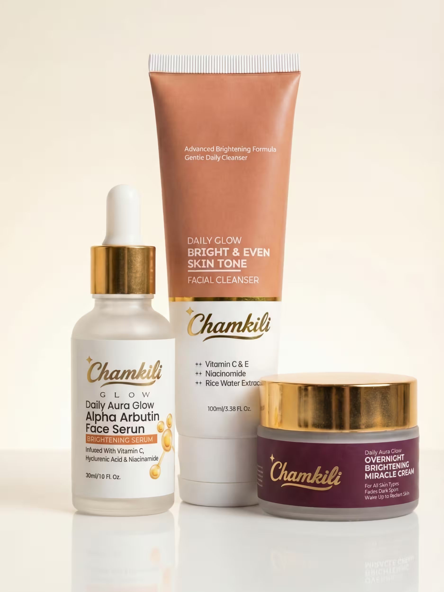 ChamKili skincare products including face serum, facial cleanser, and brightening cream